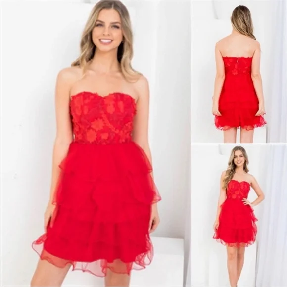 Red Floral Lace Ruffle Tube Dress | Color: Red | Size: L | Sweetteesbtqclt's Closet Red Floral Lace Ruffle Tube Dress | Color: Red | Size: L | Sweetteesbtqclt's Closet